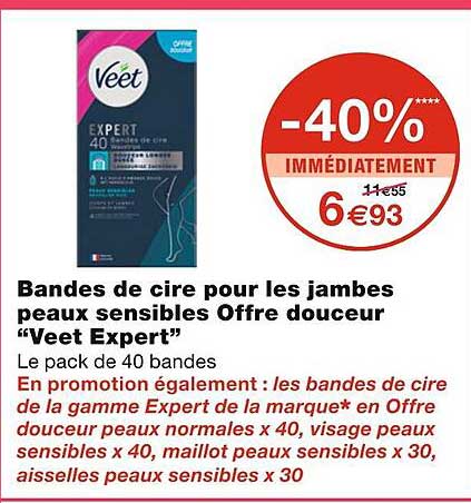 bandes de cire pour les jambes peaux sensibles offre douceur "veet expert"