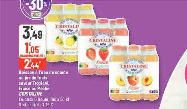 boisson à l'eau de source au jus de fruits saveur tropical fraise ou pêche cristaline