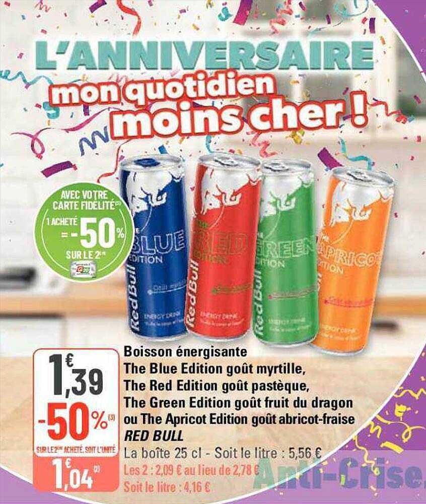boisson énergisante the blue édition goût myrtille, the red édition goût pastèque, the green édition goût fruit du dragon ou the apricot édition goût abricot-fraise red bull