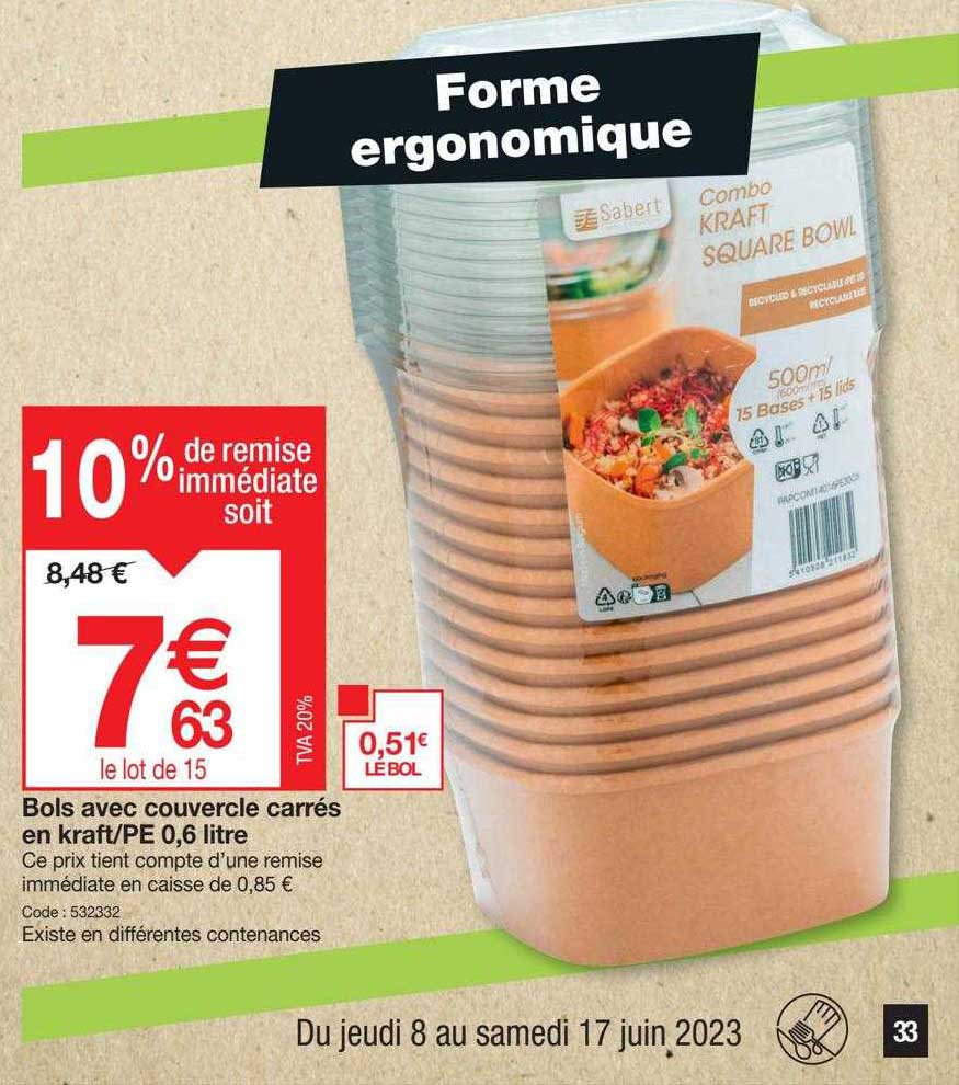 bols avec couvercle carrés en kraft-pe 0,6 litre