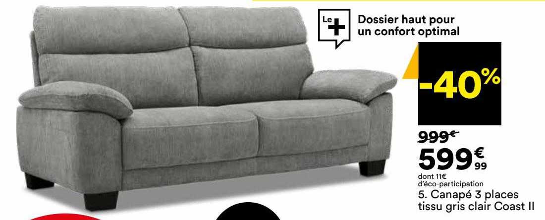 canapé 3 places tissu gris clair coast II