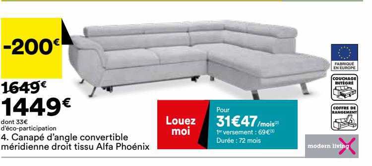canapé d'angle convertible méridienne droit tissu alfa phoénix modern living