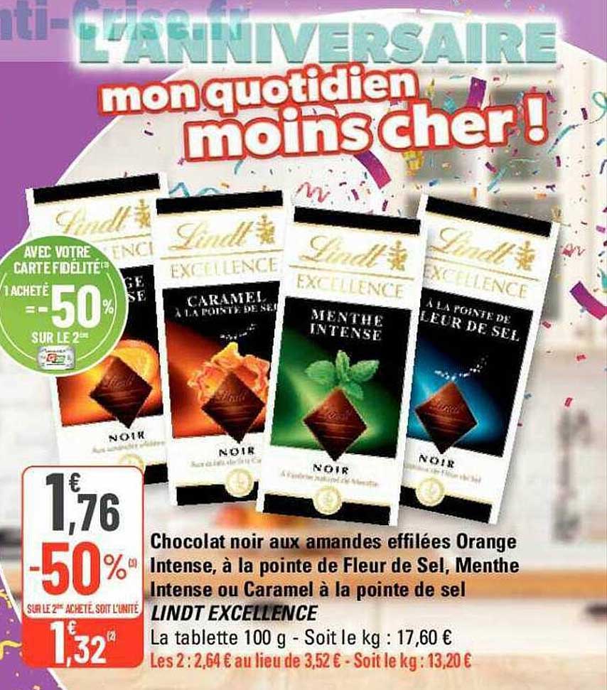 Chocolat Noir Aux Amandes Effilées Orange Intense, à La Pointe De Fleur De Sel, Menthe Intense Ou Caramel à La Pointe De Sel Lindt Excellence