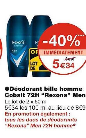 déodorant bille homme cobalt 72h "rexona" men
