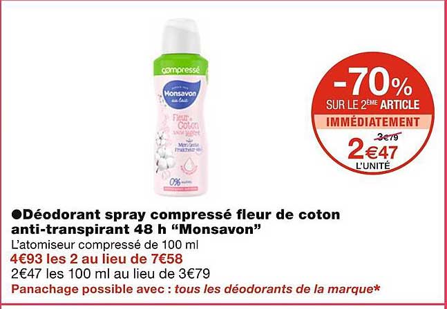 déodorant spray compressé fleur de coton  anti-transpirant 48h "monsavon"