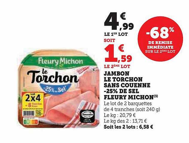 jambon le torchon sans couenne -25% de sel fleury michon