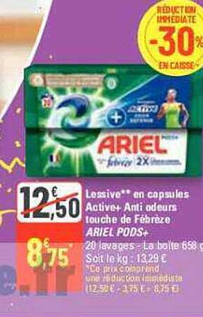lessive en capsules active+ anti odeurs touche de febrèze ariel pods+