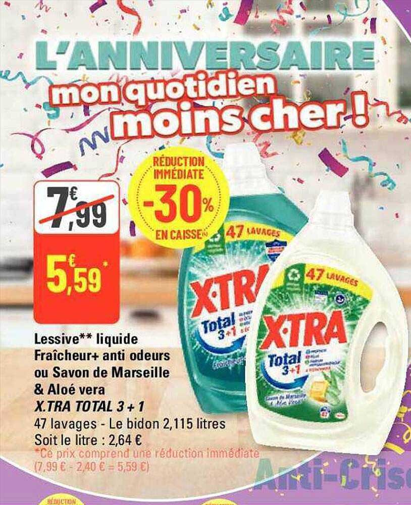 lessive liquide fraîcheur+ anti odeurs ou savon de marseille & aloé vera x.tra total 3+1