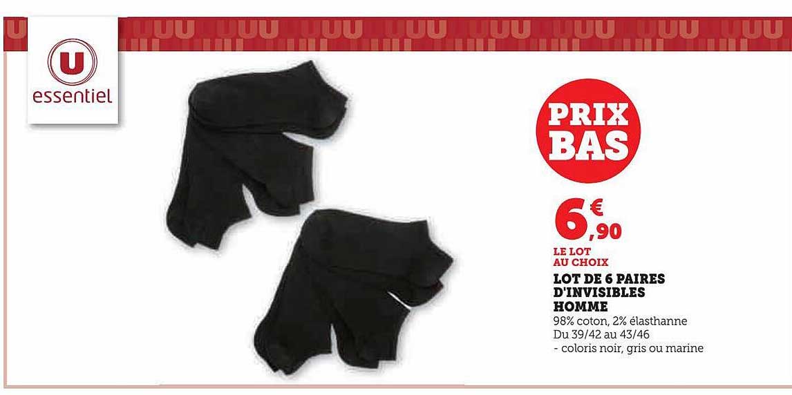 lot de 6 paires d'invisibles homme u essentiel