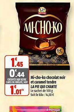 mi-cho-ko chocolat noir et caramel tendre la pie qui chante