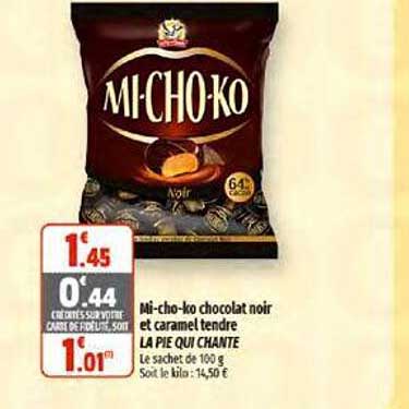 mi-cho-ko chocolat noir et caramel tendre la pie qui chante