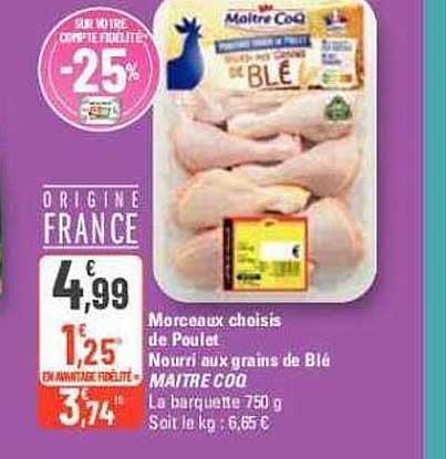 morceaux choisis de poulet nourri aux grains de blé maître coq