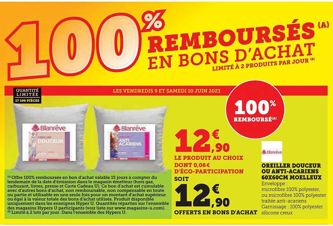 oreiller douceur ou anti-acariens 60 x 60 cm moelleux blan rêve