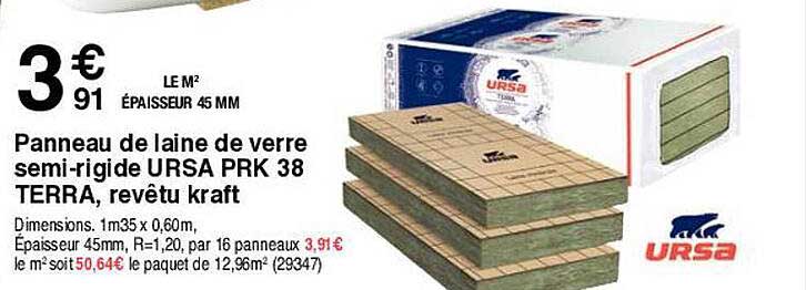 panneau de laine de verre semi-rigide ursa prk 38 terra, revêtu kraft