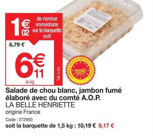 salade de chou blanc, jambon fumé élaboré avec du comté a.o.p. la belle henriette