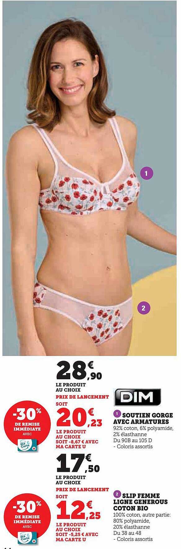 soutien gorge avec armature dim, slip femme ligne generous coton bio dim