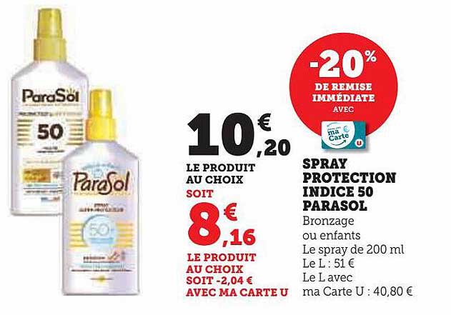 spray protection indice 50 parasol
