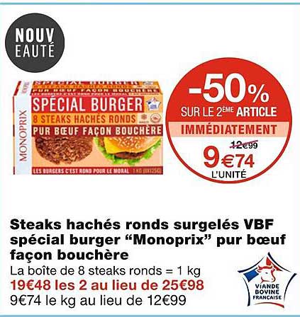 steaks hachés ronds surgelés vbf spécial burger "monoprix" pur bœuf façon bouchère