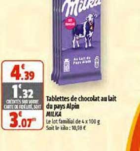 Tablettes De Chocolat Au Lait Du Pays Alpin Milka