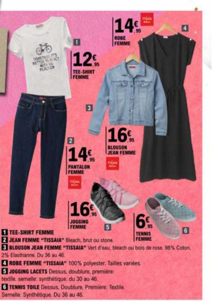 tee-shirt femme, jean femme "tissaia", blouson jean femme "tissaia", robe femme "tissaia", jogging lacets, tennis toile
