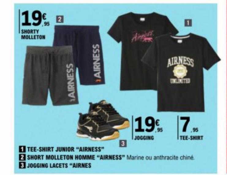 tee-shirt junior "airness", short molleton homme "airness", jogging lacets "airness"