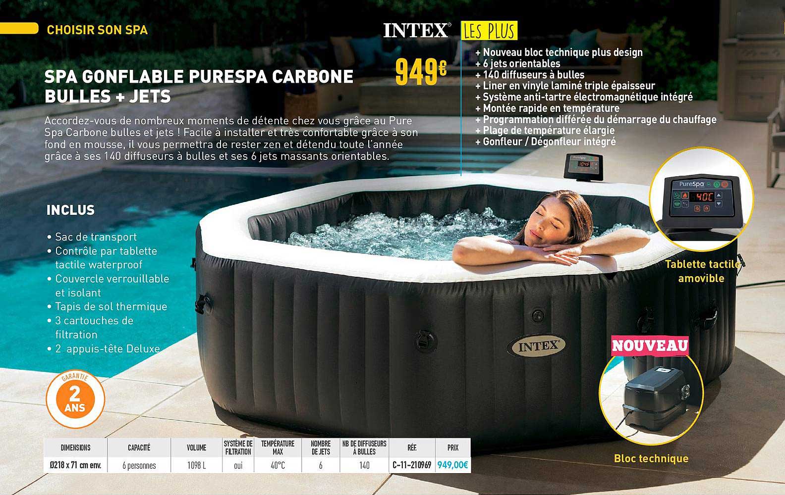 spa gonflable purespa carbone bulle + jet intex