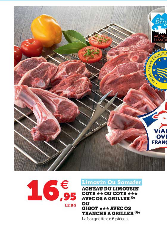 agneau du limousin côte ou côte avec os à griller ou gigot avec os tranché à griller