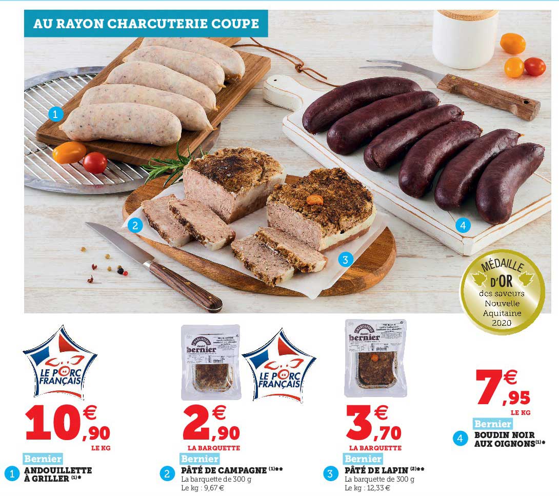 andouillette à griller bernier, pâté campagne, pâté de lapin, boudin noir aux oignons
