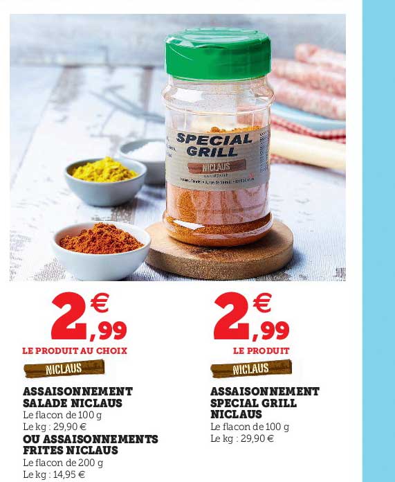 assaisonnement salade niclaus ou assaisonnements frites niclaus, assaisonnement spécial grill niclaus