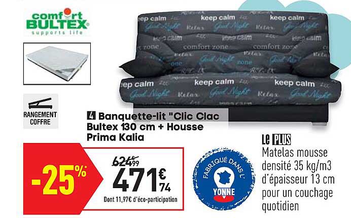 banquette-lit "clic clac bultex 130 cm + housse prima kalia