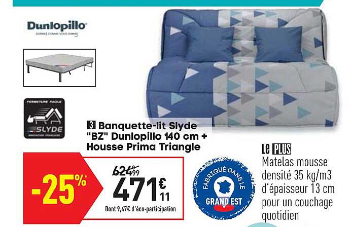 banquette-lit slyde "bz" dunlopillo 140 cm + housse prima triangle