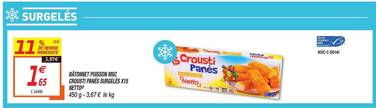 bâtonnet poisson msc crousti panés surgelés x15 netto