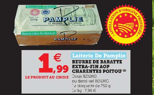 Beurre De Baratte Extra-fin Aop Charentes Poitou Laiterie De Pamplie