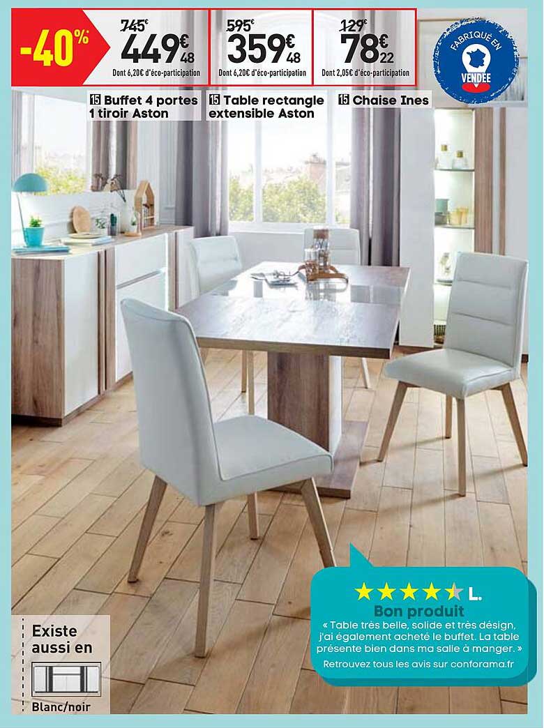 buffet 4 portes 1 tiroir aston, table rectangle extensible aston, chaise inès