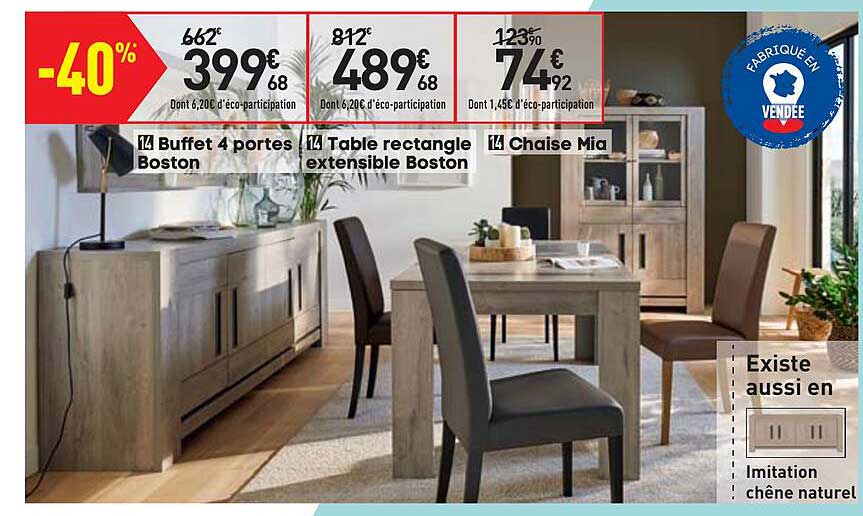 Buffet 4 Portes Boston, Table Rectangle Extensible Boston, Chaise Mia