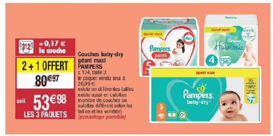 couches baby-dry géant maxi pampers 2+1 offert
