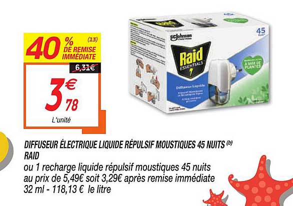diffuseur électrique liquide répulsif moustiques 45 nuits raid