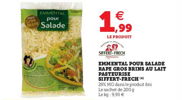 emmental pour salade râpé gros brins au lait pasteurisé siffert-frech
