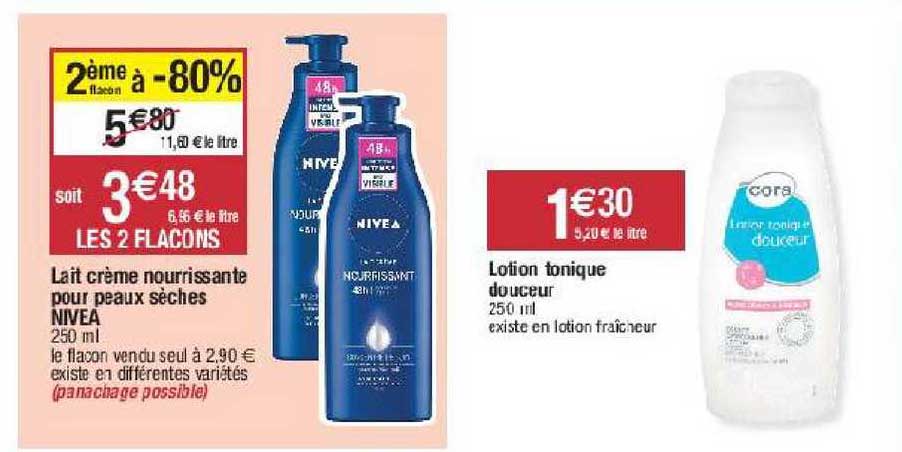 lait crème nourrissante pour peaux sèches nivea lotion tonique douceur 2ème flacon à -80%