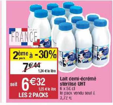 lait demi-écrémé stérilisé uht 2ème pack à -30%