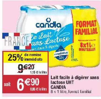 lait facile à digérer sans lactose uht candia 25% de remise immédiate