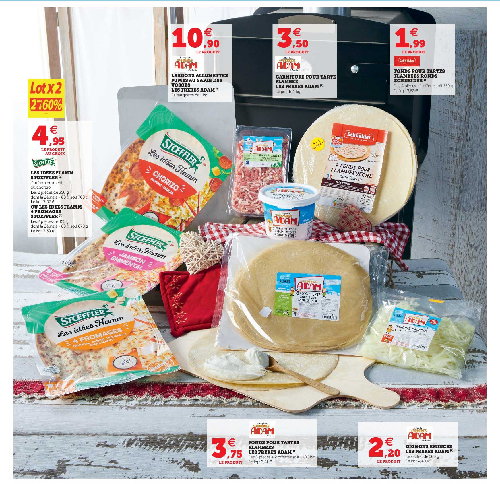 les idées flamm stoeffler ou les idées flamm 4 fromages stoeffler, lardons allumettes fumés les frères adam, garniture pour tarte flambée, fonds pour tartes flambées schneider, oignons émincés