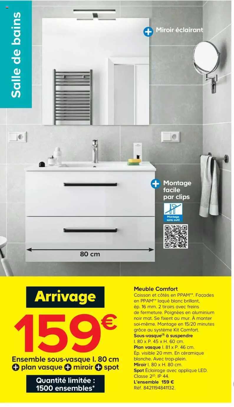 meuble comfort : ensemble sous-vasque l.80 cm + plan vasque + miroir + spot