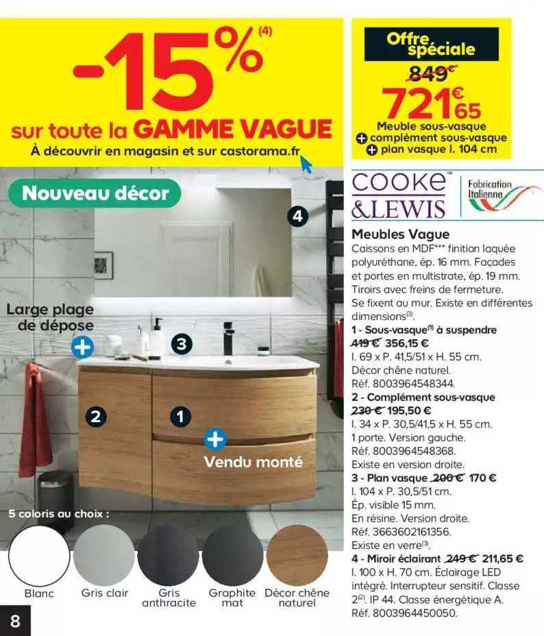 meubles vague : sous-vasque à suspendre, complément sous-vaque, plan vasque, miroir éclairant