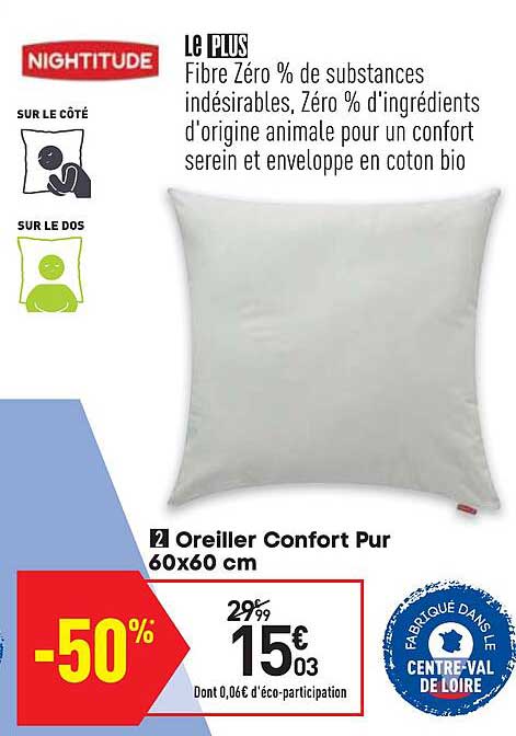 Oreiller Confort Pur Nightitude 60 X 60 Cm