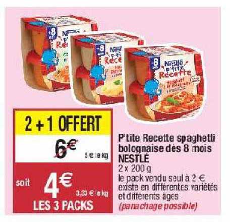 p'tite recette spaghetti bolognaise dès 8 mois nestlé 2 + 1 offert