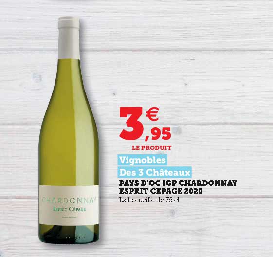 pays d'oc igp chardonnay esprit cepage 2020 vignobles des 3 châteaux