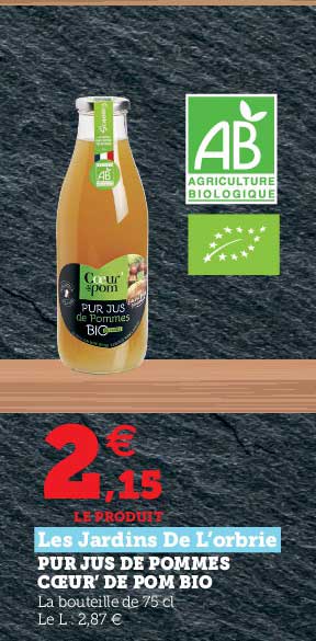 pur jus de pommes cœur' de pom bio les jardins de l'orbrie