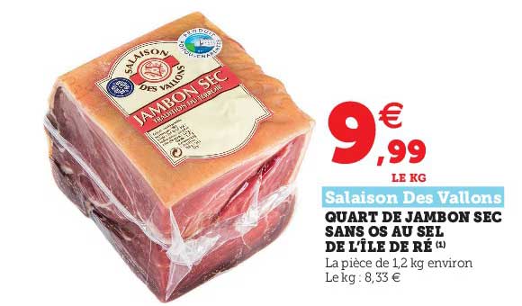 quart de jambon sec sans os au sel de l'île de ré salaison des vallons