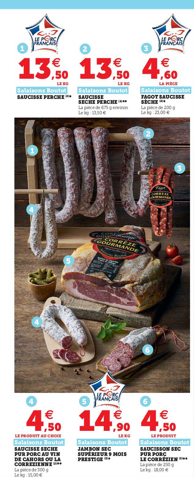 saucisse perche, saucisse séche perche, fagot saucisse sèche, saucisse sèche pur porc au vin de cahors ou la corrézienne, jambon sec supérieur 9 mois prestiges salaisons boutot